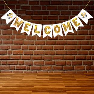 Wobbox White & Golden Text "Welcome" Bunting Banner, Baby Shower Decoration Item Banner