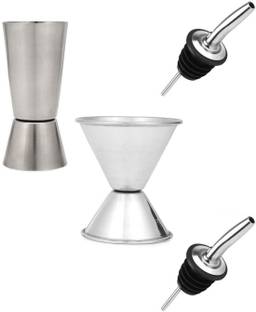 Dynore Set of 2 Double Sided Peg measure with Set of 2 Stainless steel wine pourer. 4 - Piece Bar Set