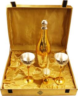 INDIAN ART VILLA Silver & Gold Plated Champagne Bottle,2 wine Glass & measurer 1 - Piece Bar Set