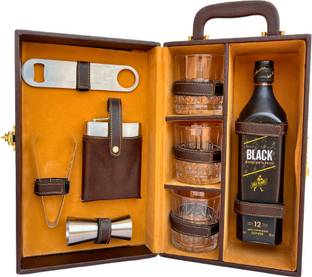 BIIGBUCKS Leather 3 Glass Portable Bar Set