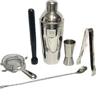 Dynore Stainless Steel 6 Pcs Bartender Martini Kit Set - Teardrop Bar Spoon, Cocktail Shaker 750 ml, Tall peg measure 30/60 ml, Black PVC Muddler, Ice Tong, Cocktail Strainer- Set of 6 6 - Piece Bar Set