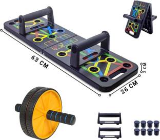 FitHead Combo of 15 in 1 Pushup Board & Stomach Abs Roller Wheel Gym Exercise Equipment Push-up Bar