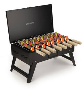 WELLBERG Foldable Briefcase Charcoal Barbeque Grill with 8 Skewers (Black) Rib Roaster Grill