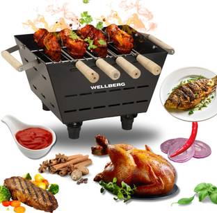 WELLBERG Compact coal Barbeque Griller | 4 Skewers | Easy Ash Cleanup | Sturdy Design Charcoal Grill