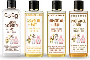 COCO CRUSH Natural Cold Pressed Oils: Almond, Virgin Coconut, Sesame & Mustard Oil(4*100ml)