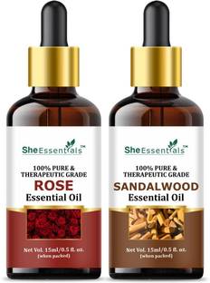 She Essentials Rose Oil & Sandalwood Essential Oil 100% Pure for Hair, Skin, Aromatherapy