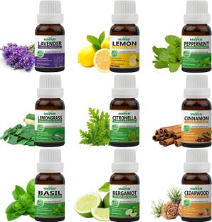 essancia Pack of 9 Essential Oils Lavender, Lemon, Peppermint, Lemongrass, Citronella, Cinnamon, Basil, Bergamot, Cedarwood Essential Oils Combo, For Skin care, Hair care & Aromatherapy 100% Pure, Natural, Undiluted, & Therapeutic Grade Essential Oils.