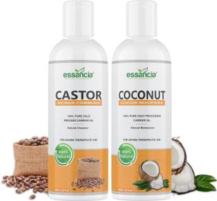 essancia Pack of 2 Coconut Carrier Oil & Castor Carrier oils Combo Pack - Pure 100% Natural for Prevent Hair Fall, Treats Acne, Treats Wrinkles And Improves Nail Health & Aromatherapy (200 ml + 200 ml)