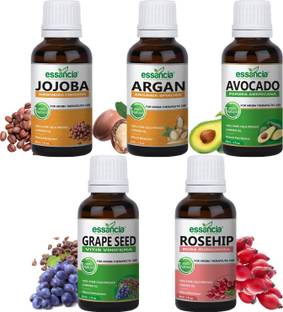 essancia Pack of 5 Carrier Oils Jojoba, Argan, Avocado, Grape Seed, Rosehip Carrier Oils Combo, For Skincare, Haircare, Face care 100% Pure, Natural, and Organic Cold Pressed Carrier Oils.