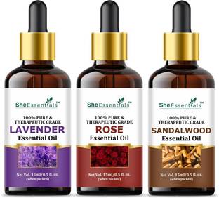 She Essentials Sandalwood Essential Oil | Rose | Lavender for Hair, Skin & Aromatherapy