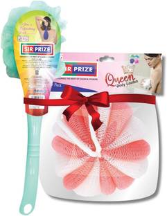 Sir Prize Bath Wash Soft Round & Back Body Loofah Scrubber Sponge with Long Handle -2Pcs