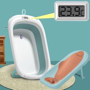 TONY STARK Baby Bath Tub, Foldable Bathtub with Sling Bath Seat, Thermometer, Drain Plug