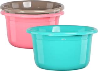 HOMESTIC 3 Pcs Bath Tub 25 Ltr Plastic For Home, Washroom & Kitchen | Green, Pink & Brown