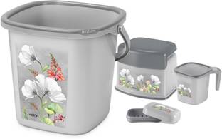 MILTON Swish Senior 4 Piece Bathroom Set, 25L Bucket with Stool, Mug & Soap Case, Grey 25 L Plastic Bucket