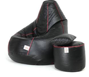 STAR XXXL Black with Pink Piping With Footstool & Cushion Combo Filled with Beans Bean Bag Chair  With Bean Filling