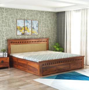 GOYALINTERIOR Sheesham Wood Queen Bed/Wooden Palaung/Cot With Hydraulic Storage For Home Solid Wood Queen Hydraulic Bed