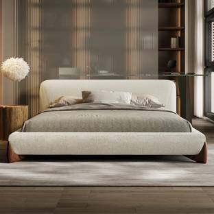 NG Decor Curva Boucle Queen Upholstered Platform Bed with Walnut Legs Engineered Wood King NA Bed