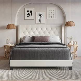 NAPTHRONE Fabric Queen Size Bed With Button Tufted & Diamond Line Headboard For Bedroom || Engineered Wood Queen Bed
