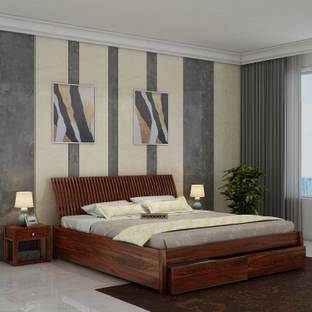 WOODENJOY Sheesham Wood Queen Bed With Drawers Storage/Wooden Queen Bed With Storage Solid Wood Queen Drawer Bed