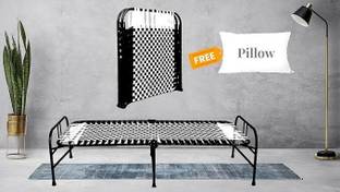 MEEZO New Portable Single Folding Bed/Synthetic Niwar ( Black and White with Pillow) Metal Single Box Bed