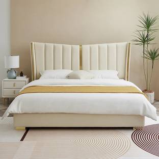 NG Decor Modern White Velvet King Floating Wingback Bed with Storage & Light Engineered Wood King NA Bed