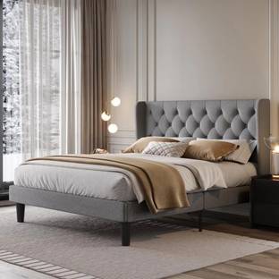 Klenta Home Decor Fabric Upholstered King Size Bed With Button Tufted Headboard For Bedroom || Solid Wood King Bed