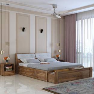 Dreamydesks Sheesham Wood Queen Size Bed with Drawer Storage Solid Wood Queen Drawer Bed