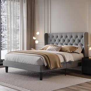 Elyscraft Modern Fabric Grey Size Bed with Soft Cushioned Headboard for Bedroom/Hotel Engineered Wood King Bed