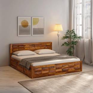 Wakeup India Arcadia Sheesham Wood Bed | Light Honey Bed with Storage | 78x72 Inch Solid Wood King Box Bed