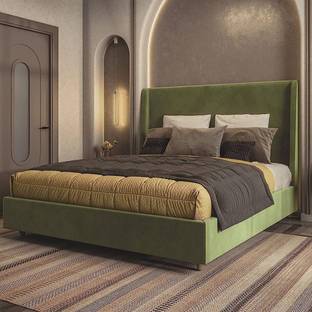 FEBERICA Fabric Queen Size Bed with Upholstered High Headboard for Bedroom/ Hotel | Engineered Wood Queen Bed