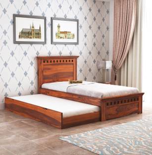 WOODSTAGE Sheesham Wood Single Size Armania Trundle Bed with 1 Extra Pullout Wooden Bed Solid Wood Single Bed, 198 cm x 106 cm (6.5 ft x 3.48 ft)