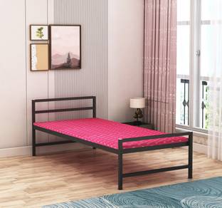 Ziaula 4X6 Feet Iron Metal Bed With Attached Foam Mattress Covered With Coated Fabric Metal Double Bed