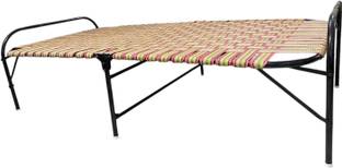 Nylom Folding Single Bed with Metal Frame, Striped Woven Surface, Portable Guest Cot Metal Single Bed
