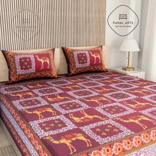 PahalArts 144 TC Cotton Queen Jaipuri Prints Flat Bedsheet