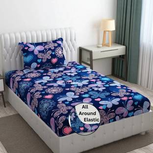 Swizier Cotton Single Fitted (Elastic) 250 TC Floral Bedsheet