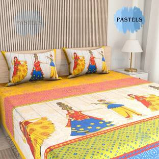 Pastels 144 TC Cotton Double Jaipuri Prints Flat Bedsheet
