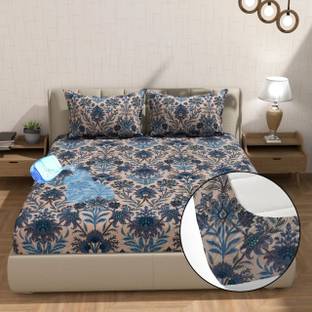 Crafteal Cotton, PVC King Fitted (Elastic) 200 TC Floral Bedsheet