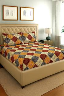 Ikaan decor 240 TC Cotton Double, Queen Abstract Fitted (Elastic) Bedsheet