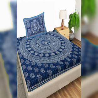 BharatLinen 144 TC Cotton Single Jaipuri Prints Flat Bedsheet