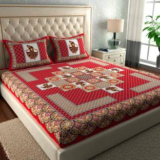 BharatLinen 144 TC Cotton Double Jaipuri Prints Flat Bedsheet