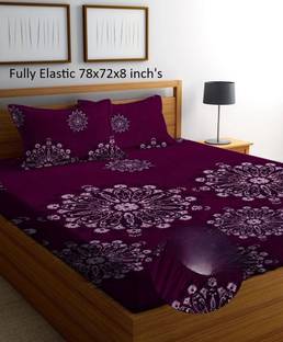 BEDORISM 260 TC Cotton King Printed Fitted (Elastic) Bedsheet