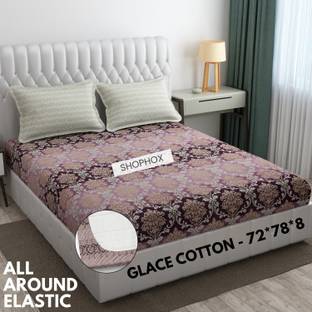 SHOPHOX 210 TC Cotton Double, King Printed Fitted (Elastic) Bedsheet