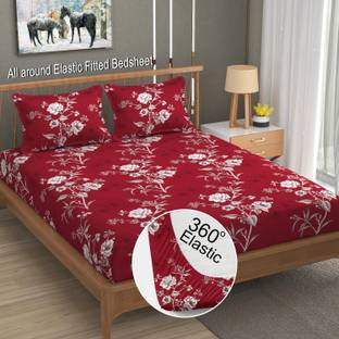 LA VERNE 144 TC Cotton Double Jaipuri Prints Fitted (Elastic) Bedsheet