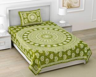 BharatLinen 144 TC Cotton Single Jaipuri Prints Flat Bedsheet