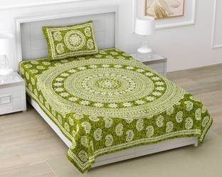 BharatLinen 144 TC Cotton Single Jaipuri Prints Flat Bedsheet