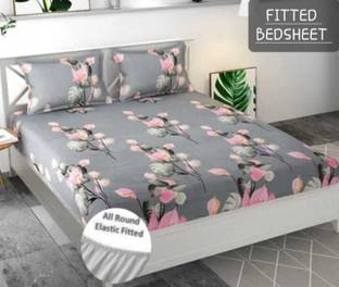 CottonDreamz Polycotton Double Fitted (Elastic) 160 TC Floral Bedsheet