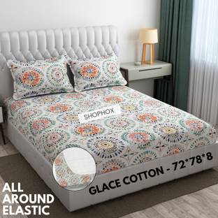 SHOPHOX Cotton Double, King Fitted (Elastic) 210 TC Printed Bedsheet