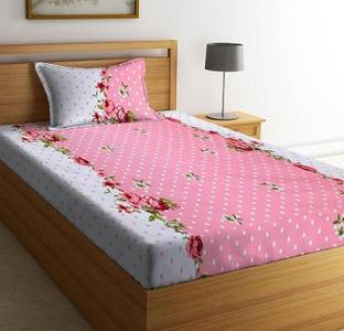 Home Garage Cotton Single Fitted (Elastic) 210 TC Floral Bedsheet
