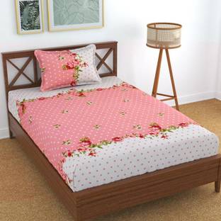 HOMYBEES 220 TC Cotton Single Abstract Fitted (Elastic) Bedsheet