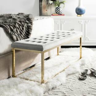 APRODZ Modern Tufted Upholstered Velvet and Metal Bench Ottoman (Metal - Grey + Gold) Metal 3 Seater